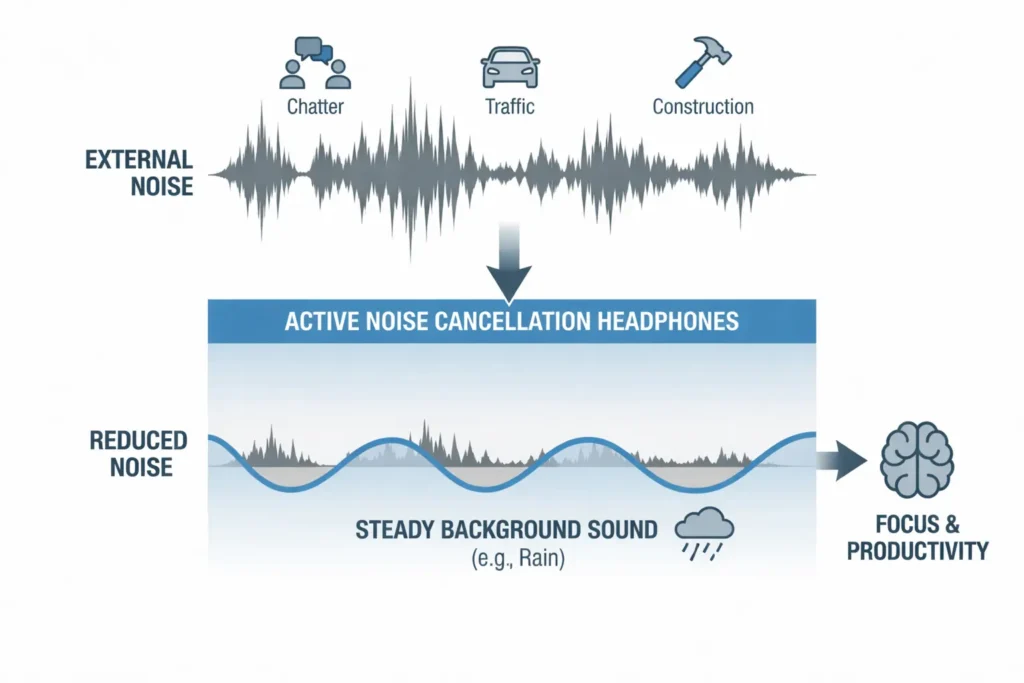 An infographic diagram illustrating how noise cancellation works. At the top, a large, jagged sound wave labeled "EXTERNAL NOISE" features icons for "Chatter," "Traffic," and "Construction." An arrow points down to a blue bar labeled "ACTIVE NOISE CANCELLATION HEADPHONES." Below this, a much smaller, flatter sound wave is labeled "REDUCED NOISE," overlaid with a smooth, constant wave labeled "STEADY BACKGROUND SOUND (e.g., Rain)" and a rain cloud icon. A final arrow points to a brain icon labeled "FOCUS & PRODUCTIVITY