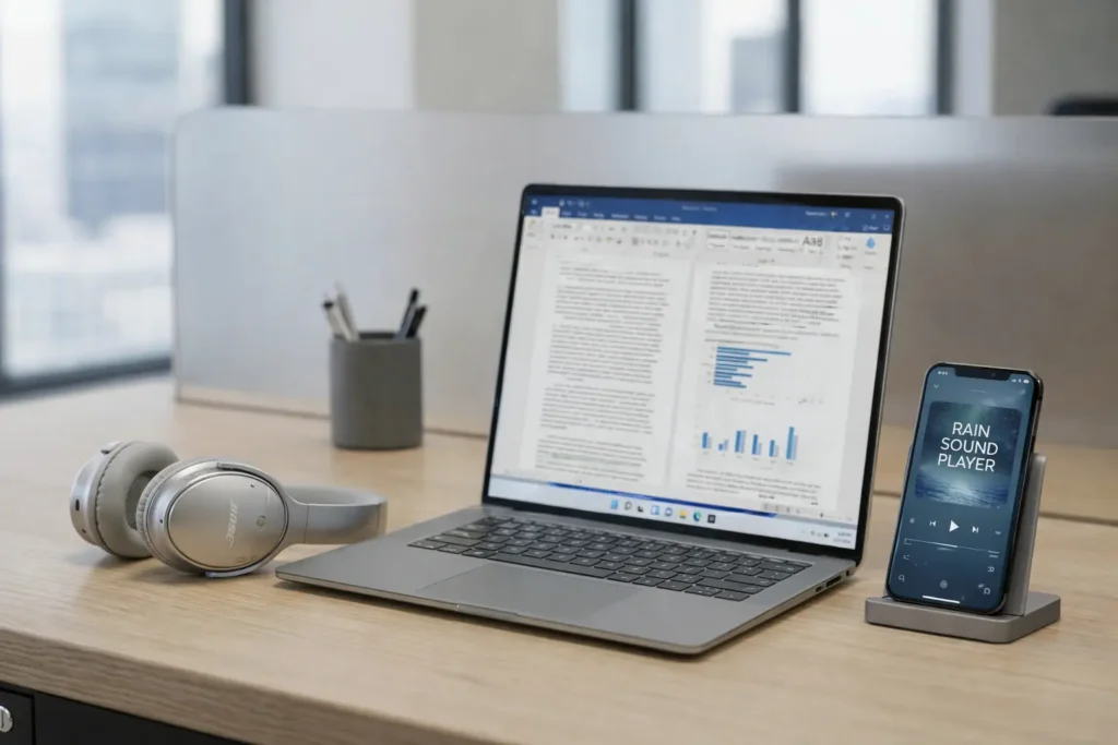A photograph of a minimalist office desk setup designed for concentration. Silver noise-canceling headphones rest on the wooden surface next to an open Windows laptop displaying a Microsoft Word document. A smartphone on a stand shows a "RAIN SOUND PLAYER" app running. A white coffee mug, pen holder, and document tray are also present against an office background with a city view window. This illustrates the simple setup used to block out noise and focus at work or home.