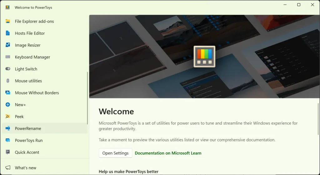 Screenshot of the Microsoft PowerToys welcome window on Windows, showing a sidebar menu with tools such as PowerRename, Image Resizer, and Mouse Utilities, alongside an 'Open Settings' button.