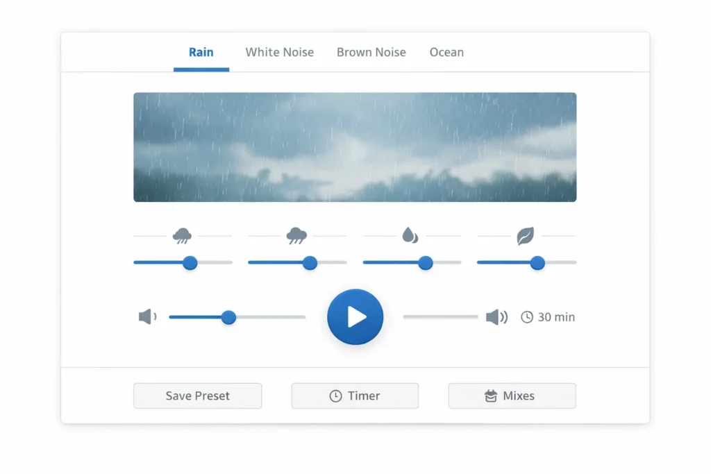 A screenshot of a minimalist web user interface for an ambient sound mixer. The "Rain" tab is selected at the top, above a banner image of rain falling over a green landscape. Below are four blue slider controls with specific icons adjusted for different rain intensities, thunder, water drops, and wind. The center features a large blue play button, a volume slider, and a "30 min" timer indicator. Buttons for "Save Preset," "Timer," and "Mixes" are at the very bottom. The background is clean white with blue accents.