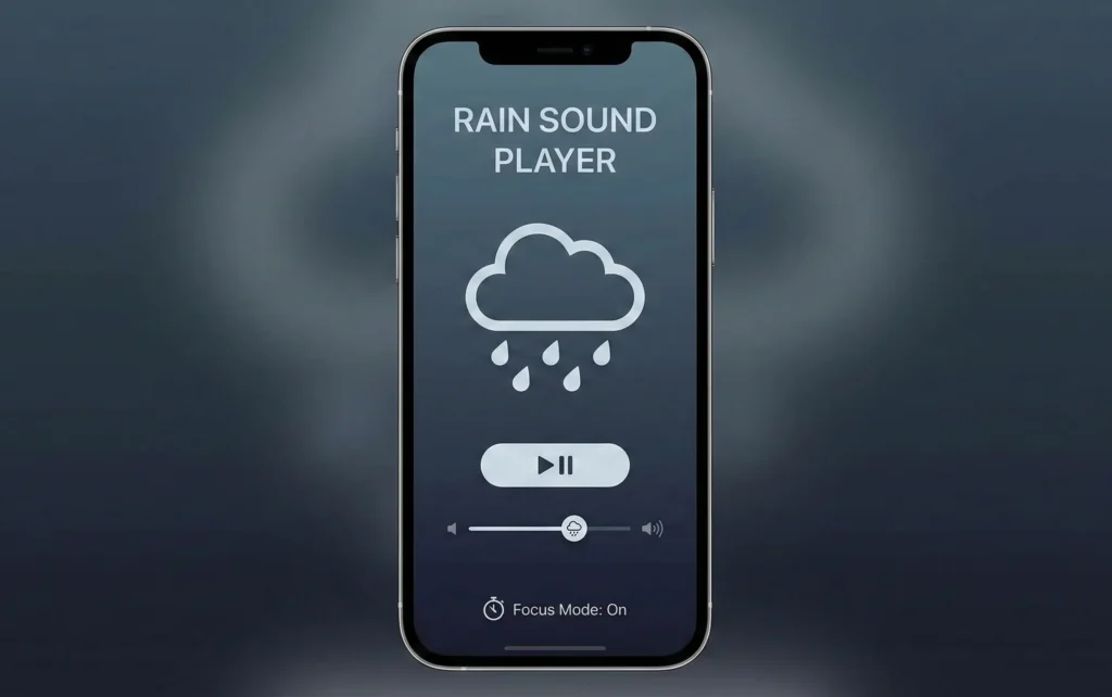 A screenshot of a mobile phone screen showing a minimalist rain sound player application interface. The app has a dark mode design with a simple white cloud and rain icon, a large play/pause button, a volume slider, and the text "RAIN SOUND PLAYER" and "Focus Mode: On". No other distractions or controls are visible.