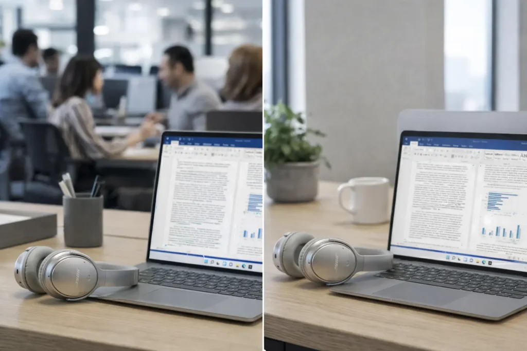 A two-panel composite photograph (diptych) displaying a modern office desk setup. Both panels feature a silver laptop open to business documents alongside a pair of silver Bose noise-canceling headphones resting on a light wood surface. The left panel shows a pen holder with a blurred background of colleagues working in an open-plan office. The right panel features a small potted plant and a white coffee mug with a blurred window view of a city.