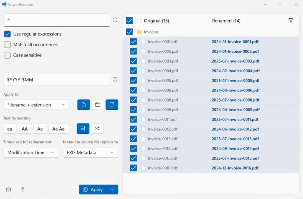 PowerToys PowerRename interface screenshot showing how to add a chronological date prefix to files using the caret anchor, variables, and modification metadata.
