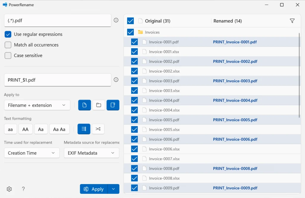 Screenshot of the PowerRename interface using a regex capture group. The search field contains '(.*).pdf' to capture the filename of PDF documents only. The replace field is set to 'PRINT_$1.pdf', where '$1' represents the captured original name. The preview pane shows that PDF files are prefixed with 'PRINT_', while Excel files (.xlsx) remain unchanged.