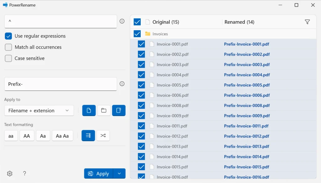 Screenshot of PowerRename adding a custom text prefix to a batch of files. The search field uses the regex anchor '^' to target the beginning of the filename, and the replace field contains 'Prefix-'. The preview list displays the change from 'Invoice-0001.pdf' to 'Prefix-Invoice-0001.pdf'.