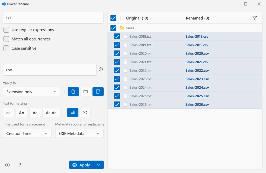 Screenshot of PowerRename configured to change file extensions. The search field is set to 'txt', the replace field to 'csv', and the 'Apply to' dropdown is set to 'Extension only'. The preview shows a list of sales reports being converted from text files to comma-separated values format.