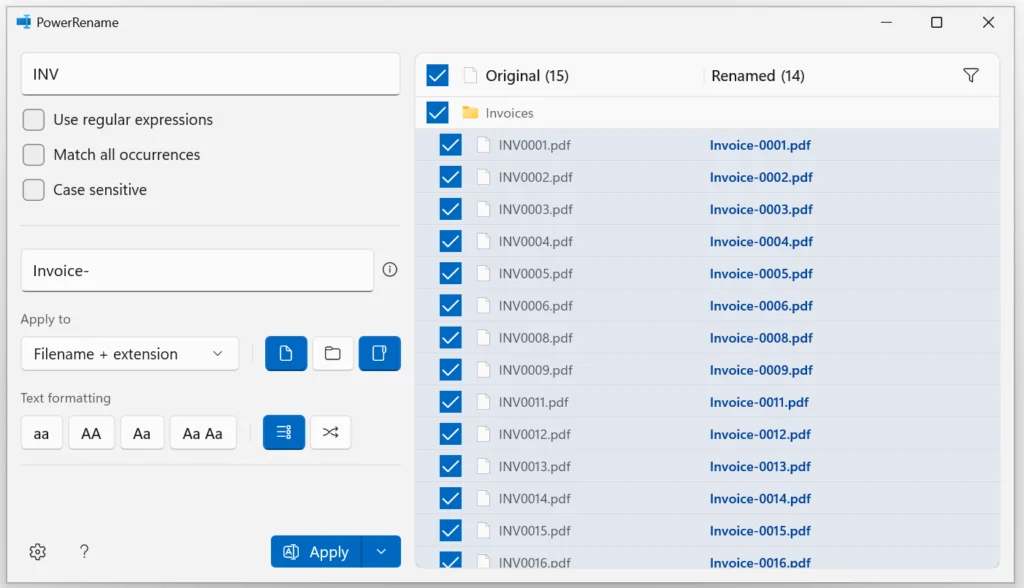 Screenshot of the PowerRename window showing a batch rename process. The search field is set to 'INV' and the replace field is set to 'Invoice-'. The right panel displays a preview list where original filenames like 'INV0001.pdf' are being transformed into 'Invoice-0001.pdf', with the new names highlighted in blue.