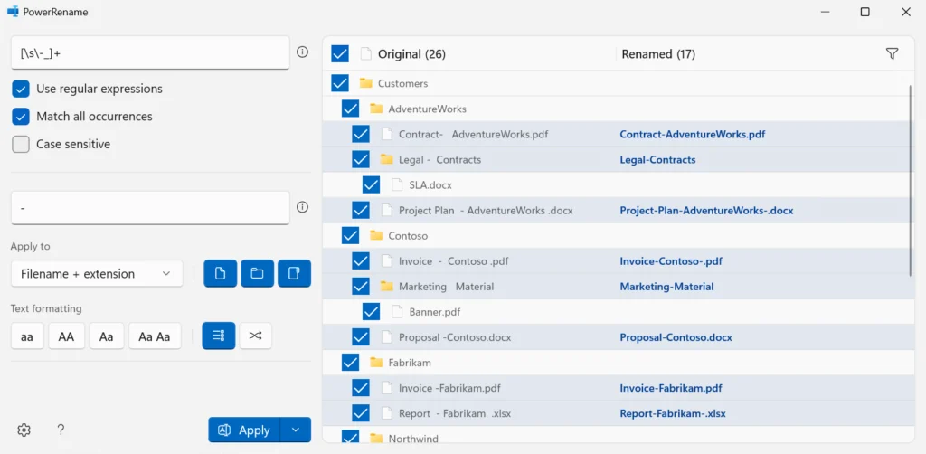 Screenshot of PowerRename replacing all instances of spaces, underscores, and hyphens with a single dash using the regex '[\s-_]+'. The preview shows folder and filenames being consolidated into a dash-separated format.