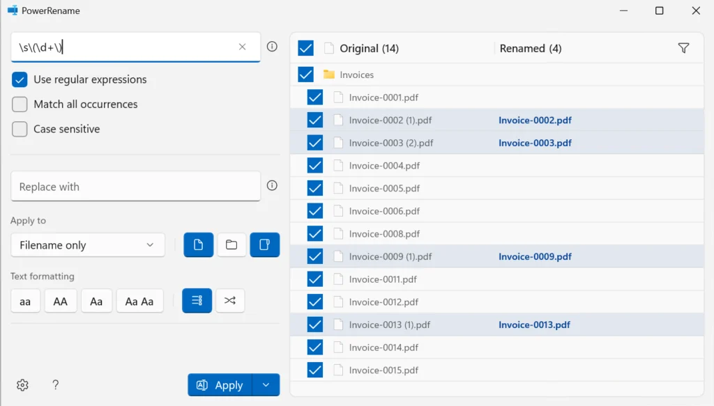 Screenshot of the PowerRename interface demonstrating the use of regular expressions to strip duplicate markers from filenames. The search field contains the regex '\s$\d+$' and the replace field is left empty. The preview pane shows files like 'Invoice-0002 (1).pdf' being updated to 'Invoice-0002.pdf', effectively removing the bracketed numbers and preceding spaces.