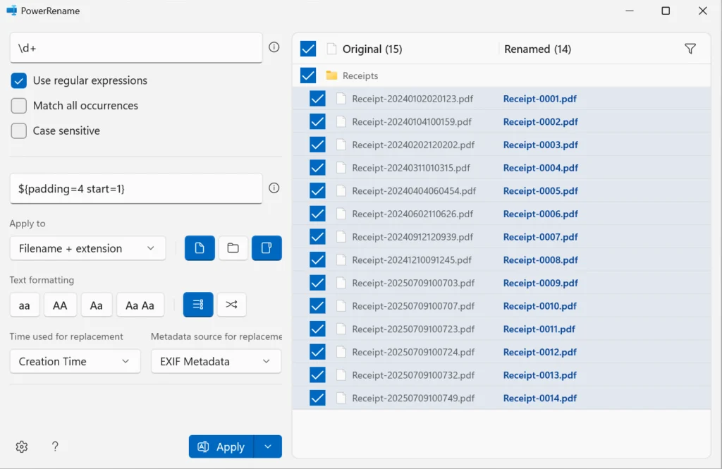 Screenshot of PowerRename showing an advanced regex feature. The search field uses '\d+' to find long digit strings in filenames like 'Receipt-20240102020123.pdf'. The replace field uses special syntax '${padding=4 start=1}' to replace those digits with a 4-digit counter starting from 0001. The preview shows messy timestamps being replaced by clean, sequential numbers like 'Receipt-0001.pdf', 'Receipt-0002.pdf', etc.