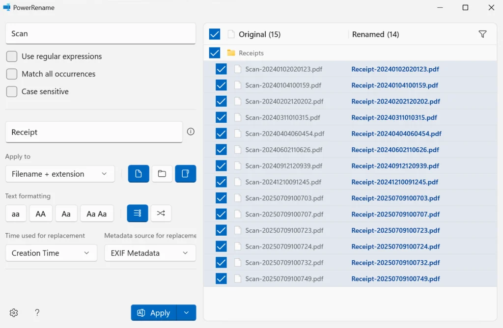 Screenshot of PowerRename performing a simple, non-regex find and replace operation. The search field is set to 'Scan' and the replace field is set to 'Receipt'. The preview list shows source files such as 'Scan-2024...pdf' being renamed to 'Receipt-2024...pdf'.