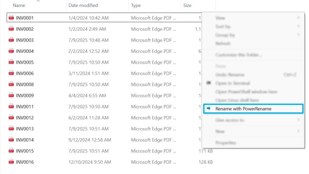 Screenshot of Windows File Explorer showing a list of selected PDF files. A right-click context menu is open, with the 'Rename with PowerRename' option highlighted inside a blue box to demonstrate how to launch the utility.
