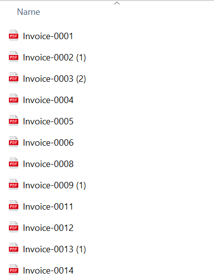 Screenshot of a file list in Windows File Explorer featuring several PDF documents. The filenames show inconsistent naming, such as 'Invoice-0002 (1)' and 'Invoice-0003 (2)', illustrating the common issue of duplicate suffix markers that need to be cleaned using a batch renaming tool.
