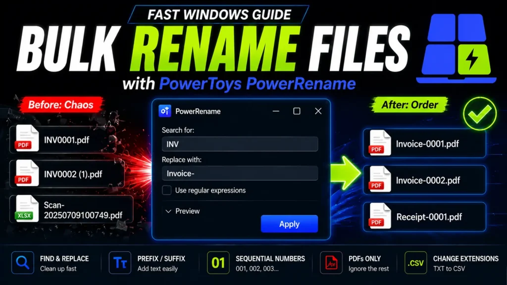 An infographic guide titled Bulk Rename Files with PowerToys PowerRename. The left side shows a chaotic pile of poorly named files labeled Before: Chaos. A green arrow points through the PowerRename tool interface to a cleanly organized list of files inside an Invoices folder on the right, labeled After: Order.