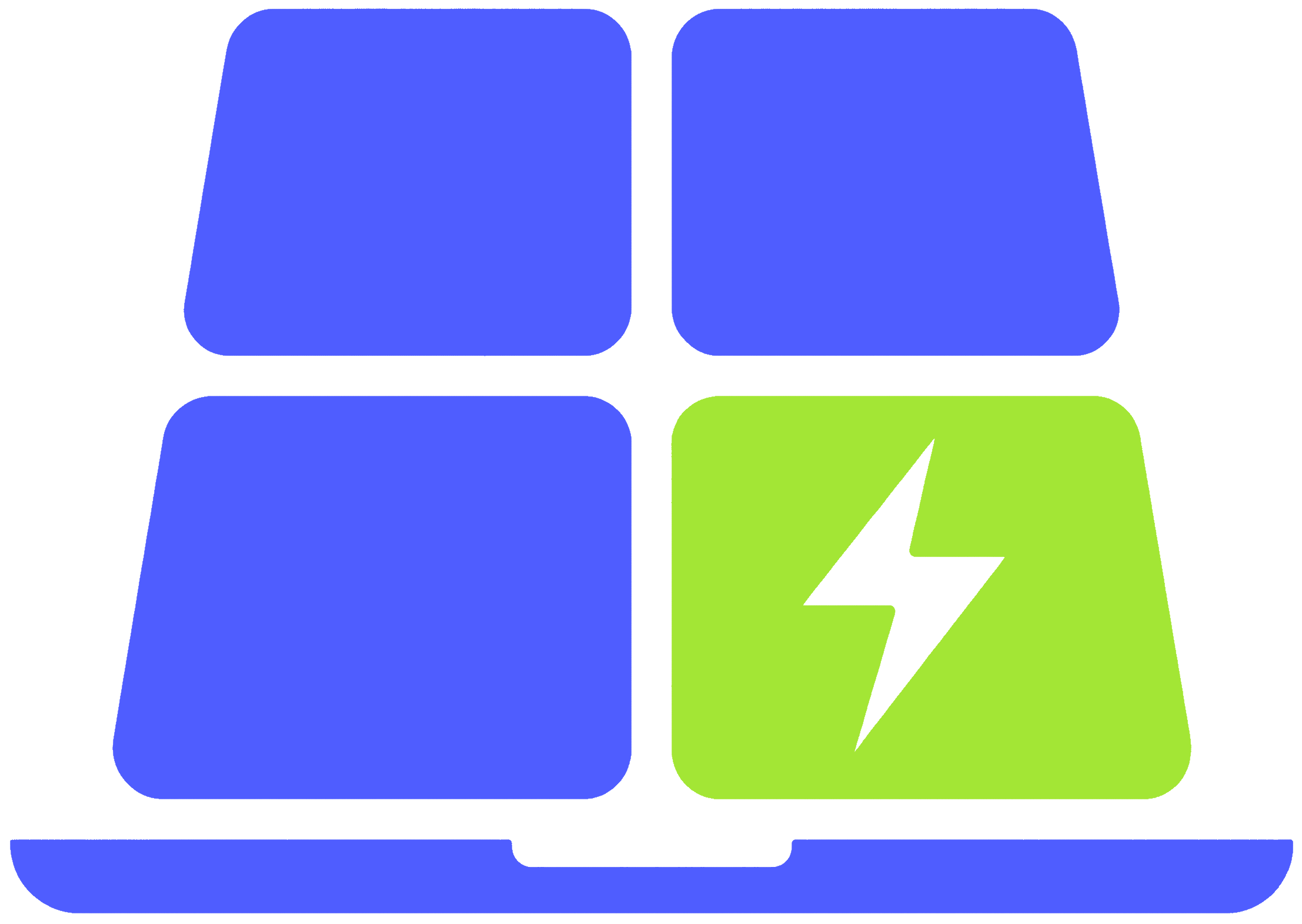 TurboTasking symbol featuring a stylized blue laptop and a bright green screen panel with a white lightning bolt.