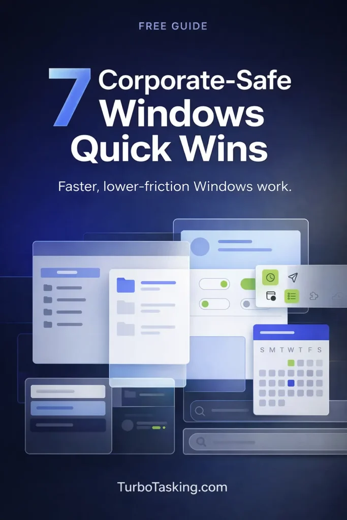 Free guide cover for 7 Corporate-Safe Windows Quick Wins by TurboTasking featuring a modern glassmorphism UI design