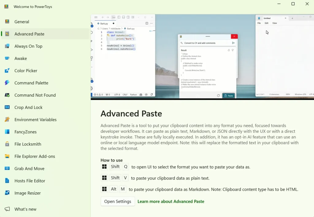 A screenshot of the 'Welcome to PowerToys' window with 'Advanced Paste' selected in the left-hand menu. The main panel provides a description of Advanced Paste, a visual demonstration, and a 'How to use' section listing keyboard shortcuts: Windows logo key + Shift + Q to open the UI, Windows logo key + Shift + V to paste as plain text, and Windows logo key + Alt + M to paste as Markdown. 'Open Settings' and 'Learn more' buttons are at the bottom.