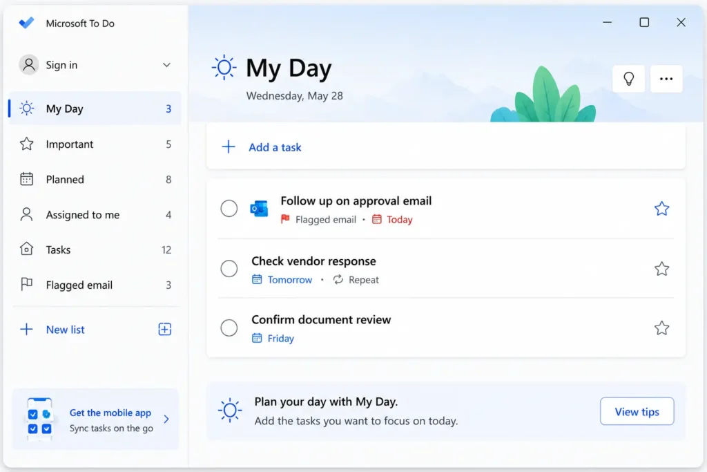 A clean screenshot of the Microsoft To Do desktop app interface open on the My Day list. The task view displays an email item synchronized from Outlook titled Follow up on approval email with a red flag, alongside regular daily tasks.