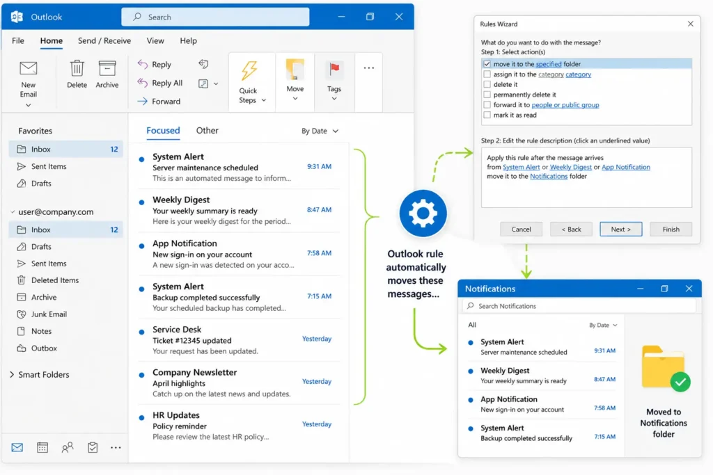 An explanatory graphic showing how an Outlook rule automatically processes low-value messages. Arrows connect a cluttered inbox to a Rules Wizard dialog setup, and then to a dedicated Notifications folder where the selected automated alerts are cleanly moved.