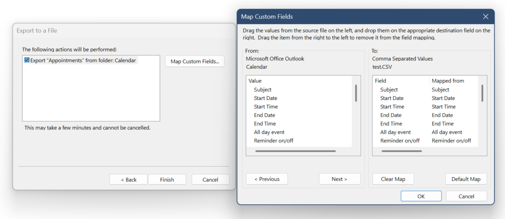 Screenshot of the Microsoft Outlook calendar export process showing two dialog boxes. On the left, the Export to a File window confirms saving appointments, and on the right, the Map Custom Fields interface displays the mapping of calendar values like Subject, Start Date, and Start Time into a test CSV destination file.