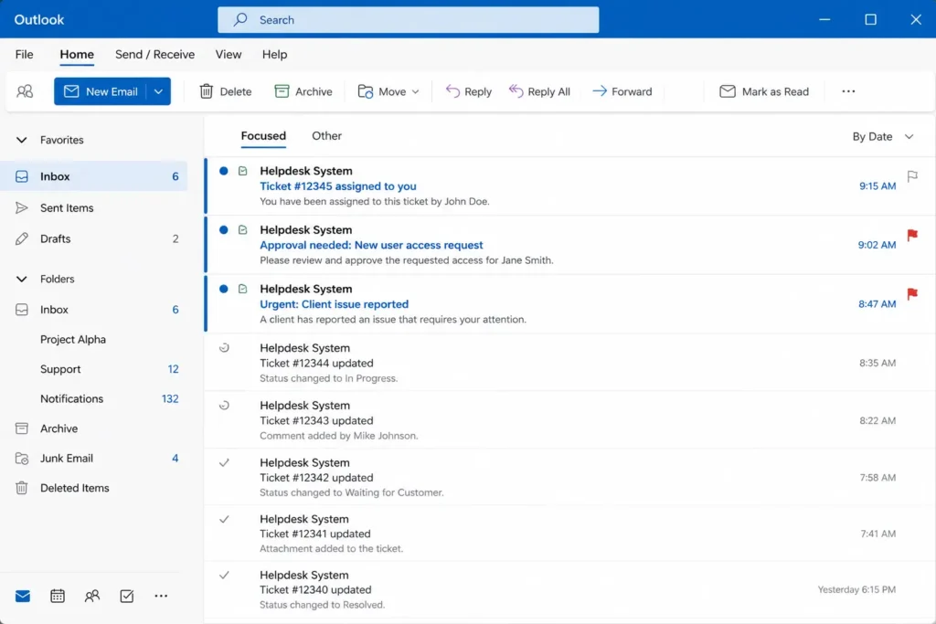 A clean Microsoft Outlook inbox interface showing automated rule results. Three high-priority helpdesk tickets remain marked as unread with blue dots, while low-value status updates are automatically marked as read and grayed out.