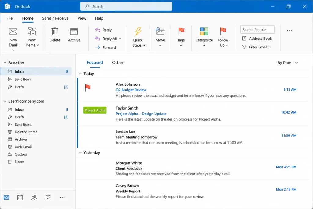 A clean Microsoft Outlook user interface showing a focused inbox with only priority emails from the current day. The list includes organized messages with a follow-up flag, a green Project Alpha category tag, and unread blue indicators.
