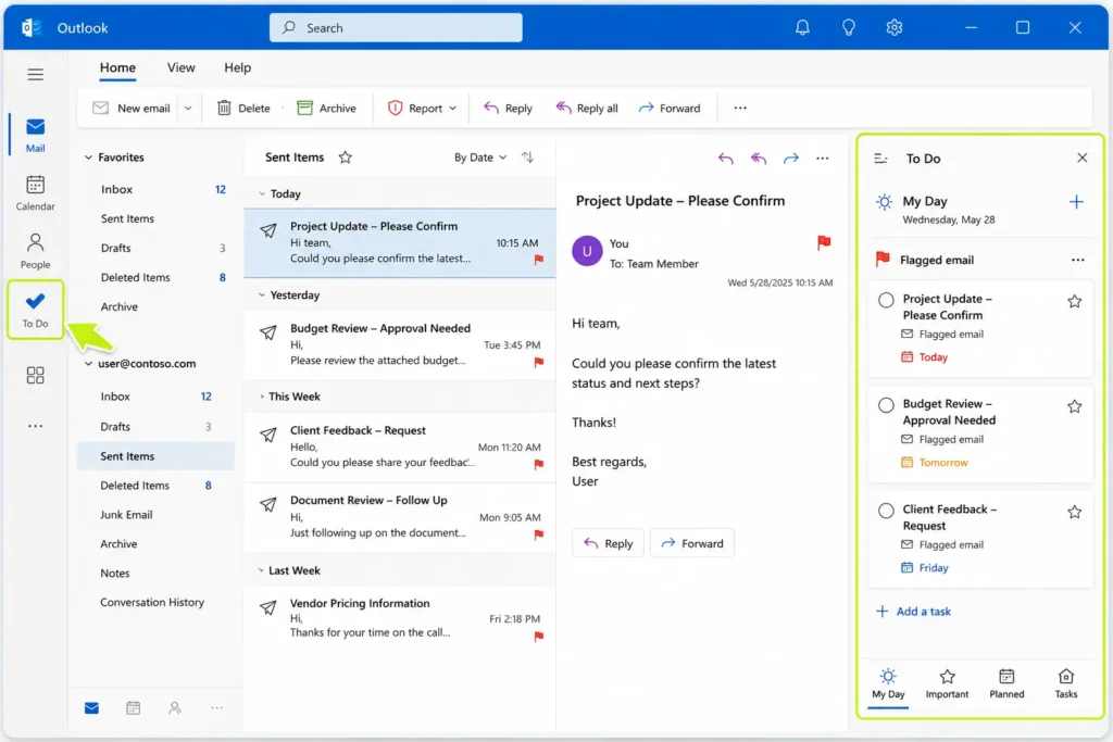 A complete screenshot of the Microsoft Outlook interface showing the integrated To Do sidebar on the right. Green outlines highlight the To Do icon in the far left navigation bar and the right-side To Do panel, which lists flagged emails automatically synced as tasks for My Day.