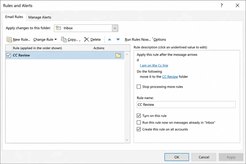 Screenshot of the Microsoft Outlook Rules and Alerts dialog box, showing the configuration for the CC Review rule. The description panel outlines the condition: If I am on the Cc line, move the message to the CC Review folder.