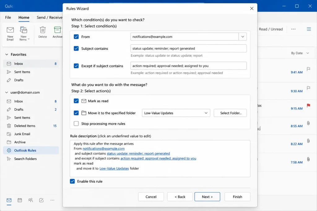 Screenshot of the Microsoft Outlook Rules Wizard interface showing step-by-step conditions to filter low-value updates. It configures specific sender email, subject criteria, and exceptions to automatically mark incoming messages as read and move them to a Low-Value Updates folder.