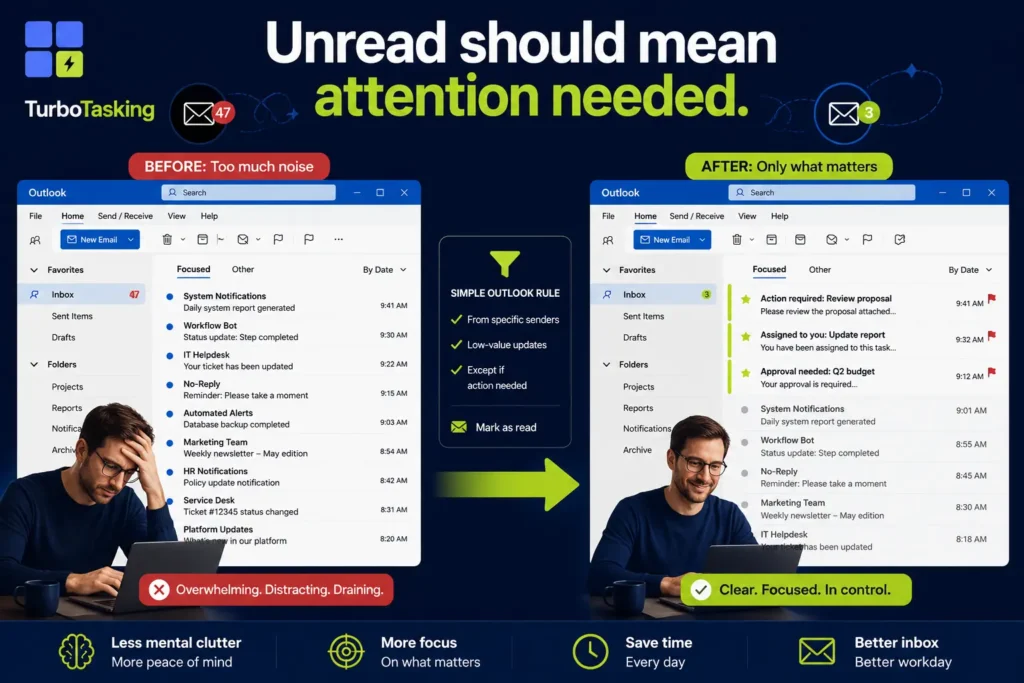 An Outlook email management infographic by TurboTasking titled Unread should mean attention needed. The left side features a stressed professional with 47 unread alerts, while the right side shows a relaxed user with a filtered inbox of only 3 action-required emails after applying a simple filtering rule.