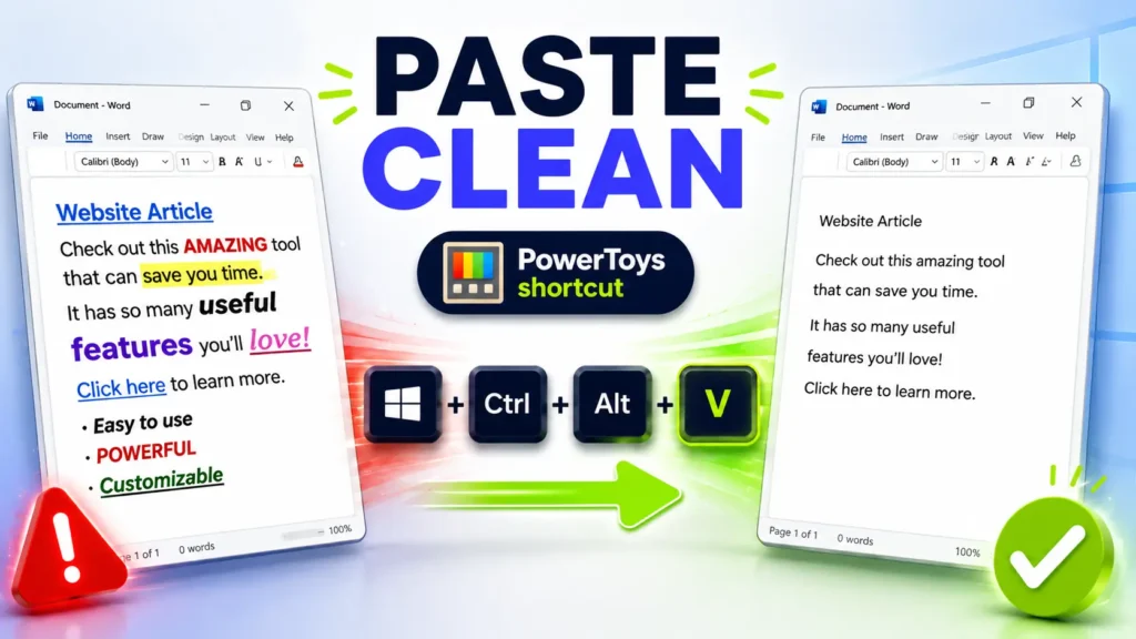 A thumbnail showing a before and after comparison of pasting text in Word. The left shows messy text formatting with a red warning sign, and the right shows clean plain text with a green checkmark. The center features the text PASTE CLEAN, the Microsoft PowerToys logo, and the Windows + Ctrl + Alt + V keyboard shortcut.
