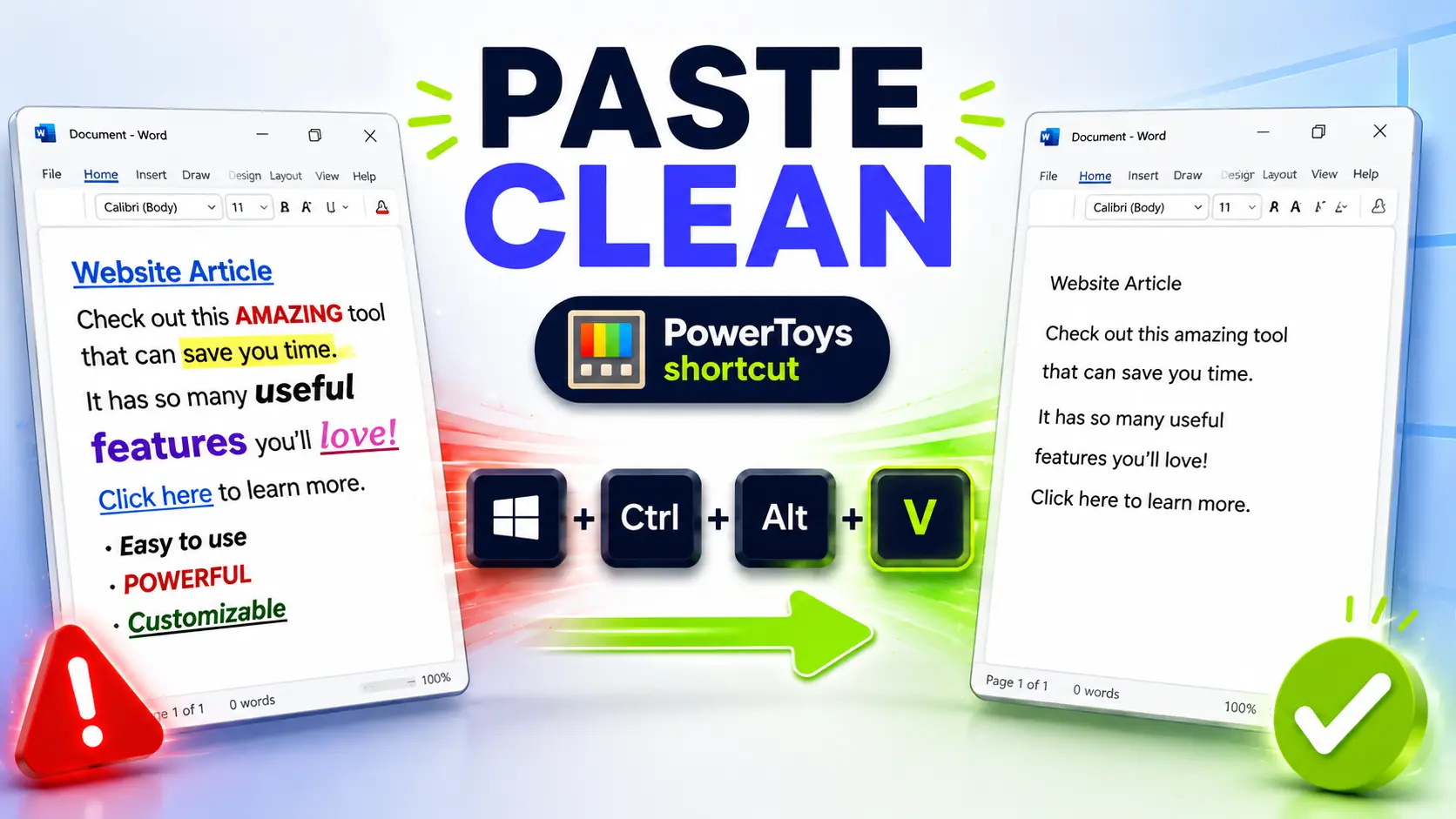 A thumbnail showing a before and after comparison of pasting text in Word. The left shows messy text formatting with a red warning sign, and the right shows clean plain text with a green checkmark. The center features the text PASTE CLEAN, the Microsoft PowerToys logo, and the Windows + Ctrl + Alt + V keyboard shortcut.