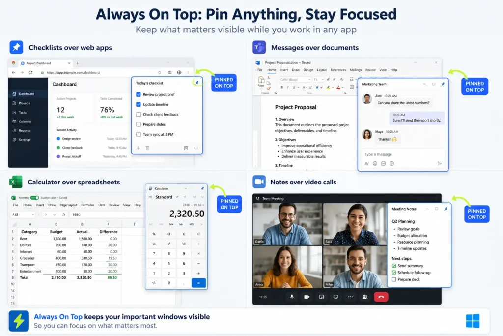 Infographic showing four office use cases for PowerToys Always On Top feature: pinning a checklist over a web dashboard, keeping a team chat window over a Word document, locking the Windows calculator over an Excel spreadsheet, and pinning meeting notes during a video call.
