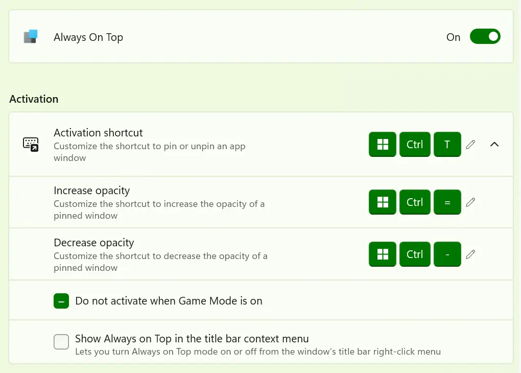 Windows PowerToys Settings screen for Always On Top module showing activation shortcuts for pinning windows and opacity adjustments.
