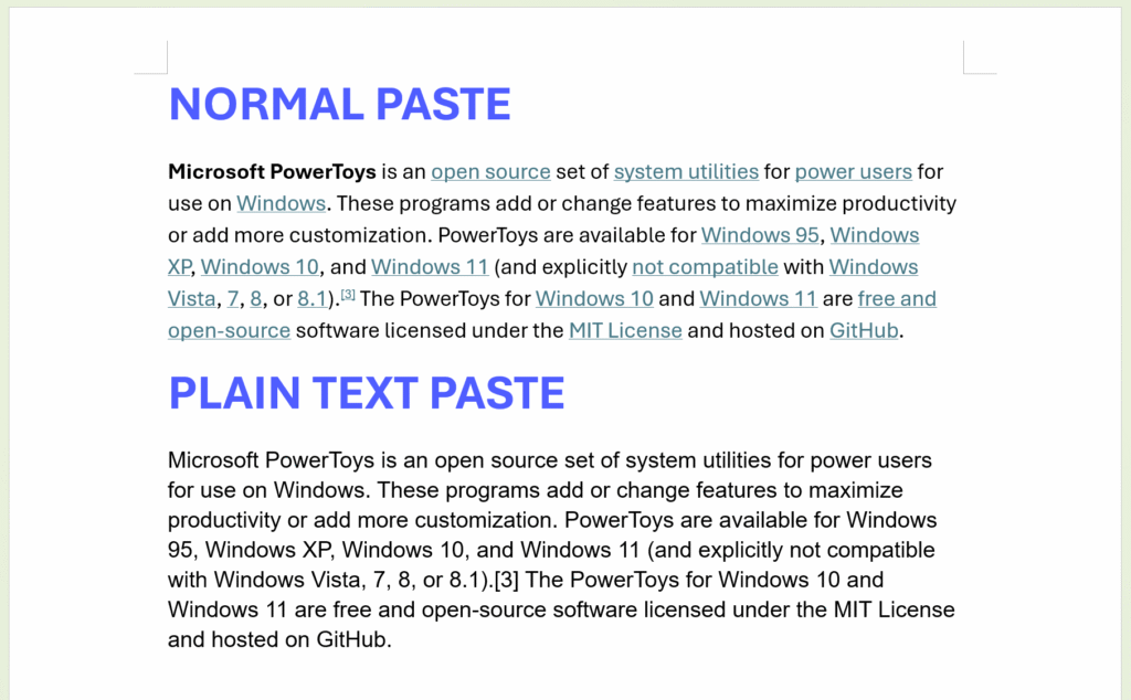 A before and after comparison showing text pasted normally with messy formatting and links, versus clean, unformatted text pasted using the Windows PowerToys Paste as Plain Text shortcut.