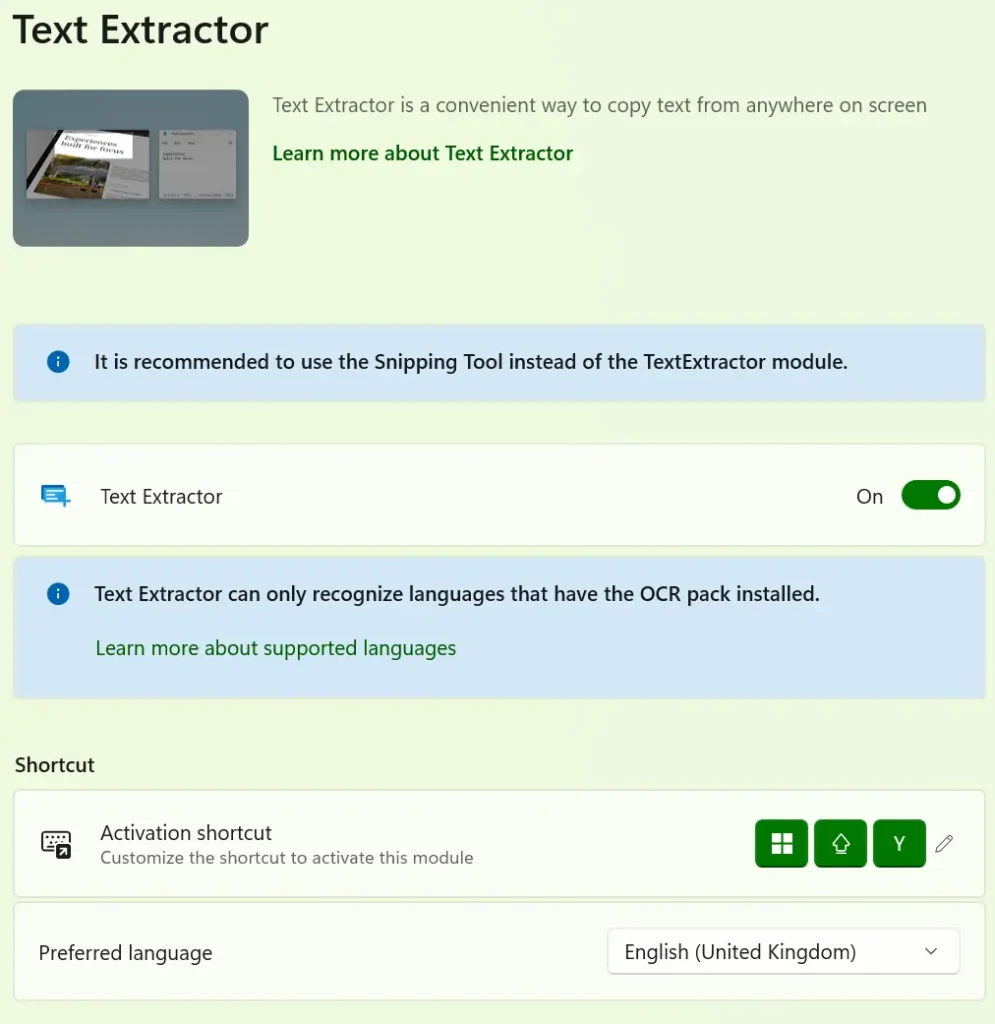 Windows PowerToys PowerToys Settings dashboard for the Text Extractor module showing activation shortcut and language preferences.