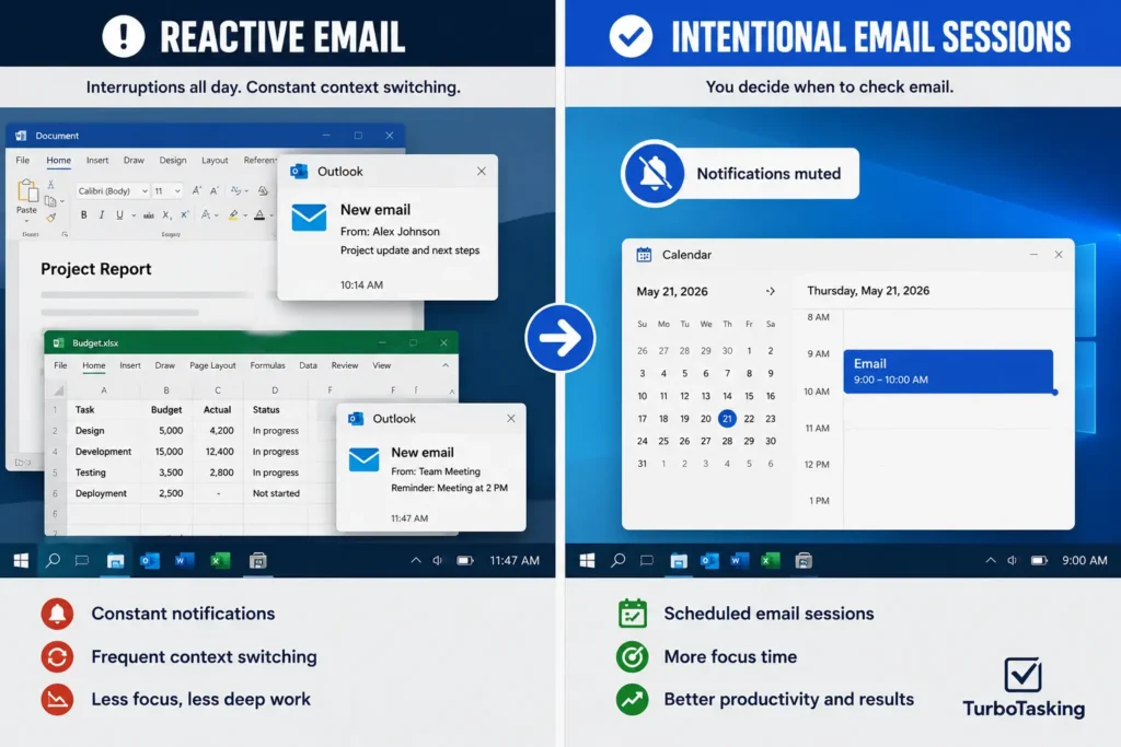 A comparison infographic by TurboTasking showing Reactive Email versus Intentional Email Sessions. The left side displays constant pop-up notifications interrupting workflow, while the right side shows a focused calendar block with notifications muted.