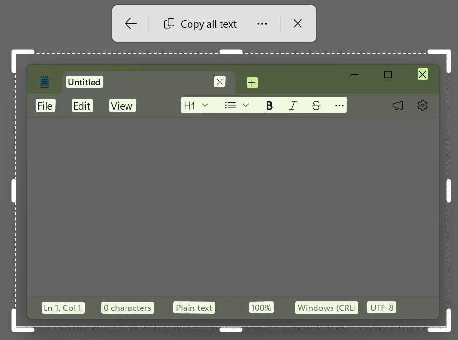 Screenshot of the Windows Snipping Tool Text Actions interface overlaying a Notepad window with the Copy All Text button visible at the top.