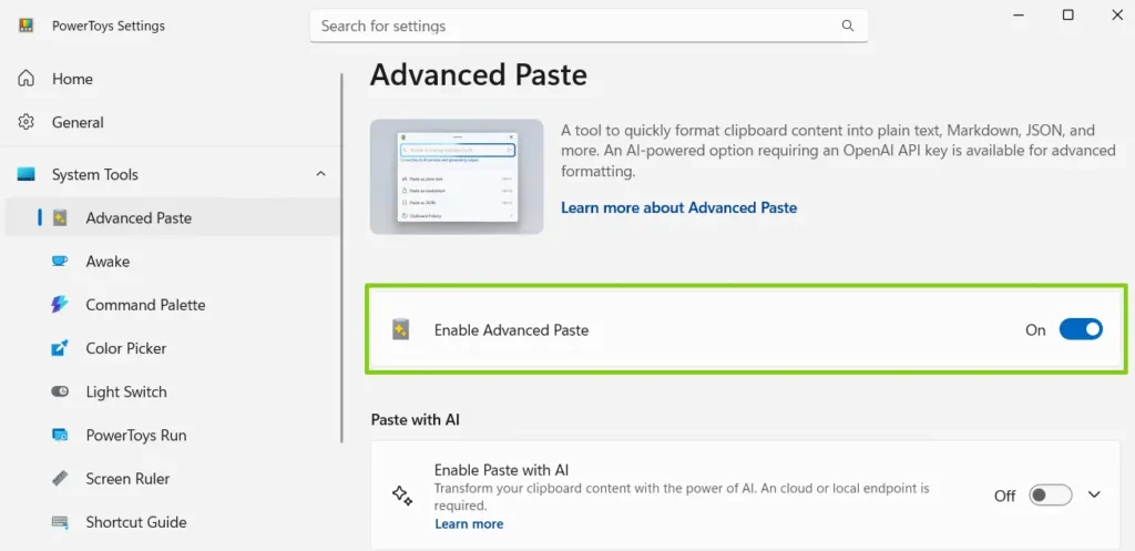 Screenshot of Microsoft PowerToys Settings window showing the 'Advanced Paste' panel. A green box outlines the 'Enable Advanced Paste' option, and its toggle switch is set to 'On', indicating it is activated.