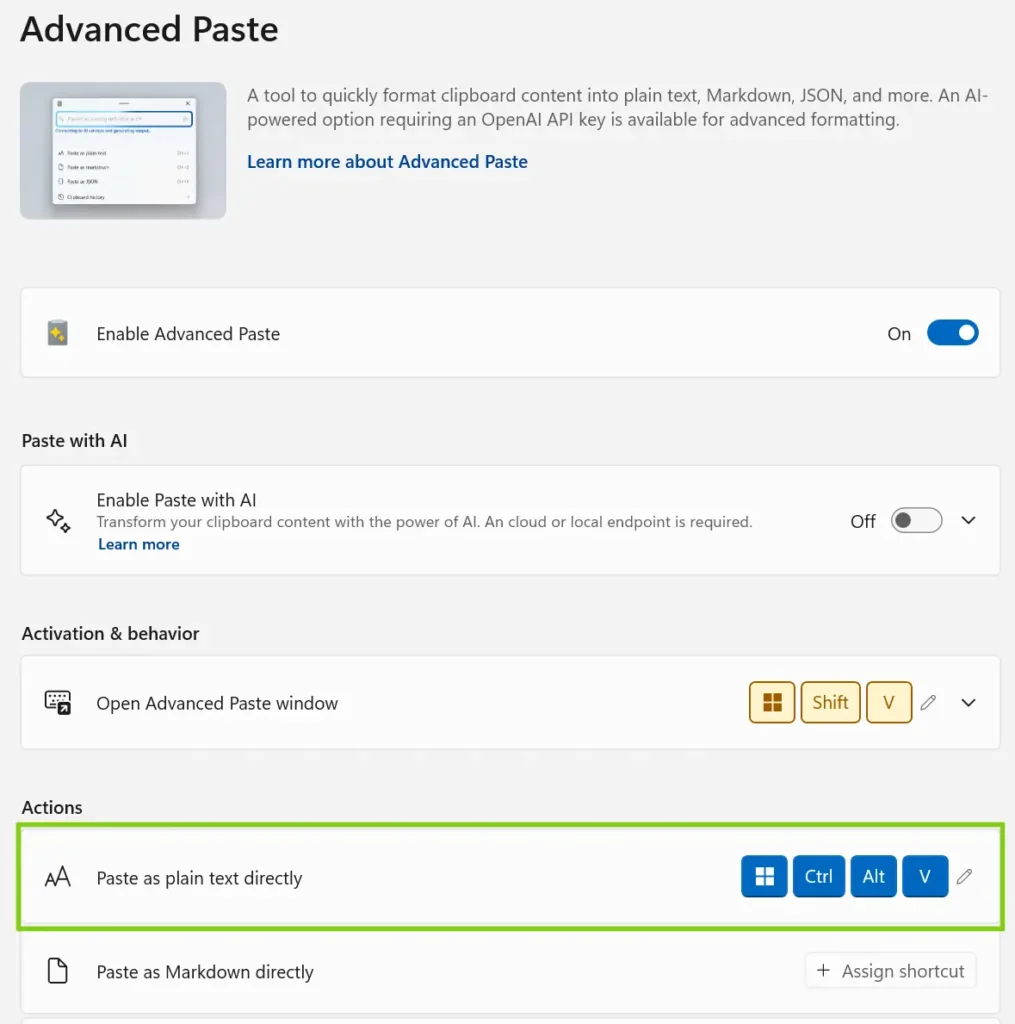 Windows PowerToys Advanced Paste settings menu highlighting the keyboard shortcut to paste as plain text directly.