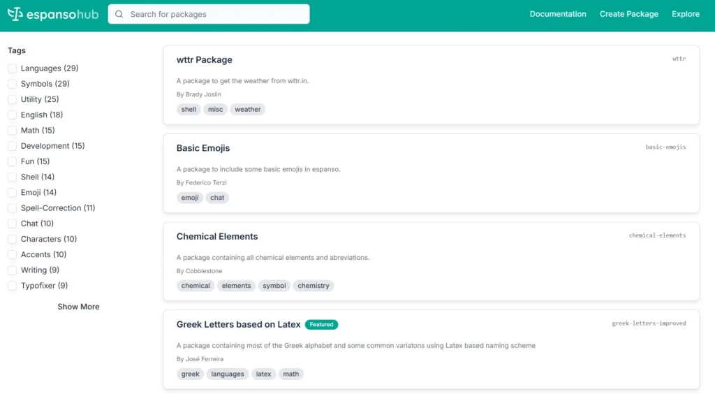 A screenshot of the Espanso Hub website package repository interface. The top header features a green navigation bar with a Search for packages input box. The left sidebar contains a list of selectable tags with counts, including Languages, Symbols, and Utility. The main section displays rows of available community packages such as wttr Package by Brady Joslin, Basic Emojis by Federico Terzi, Chemical Elements, and Greek Letters based on Latex.