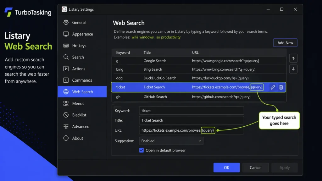 A technical screenshot of the Listary Settings window by TurboTasking, with the Web Search option selected on the left sidebar. The main interface displays a table of search engines with a custom row for ticket highlighted. Below, the configuration fields show Keyword set to ticket, Title set to Ticket Search, and URL configured with a query parameter. A callout box reads Your typed search goes here, pointing directly to the query bracket placeholder.