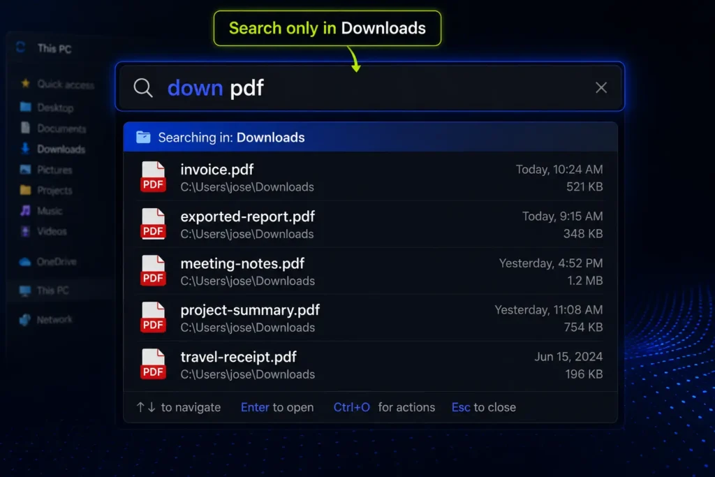 A close-up screenshot of the Listary search overlay window on a dark background. The search input field contains the query down pdf, with a yellow callout badge pointing to it that reads Search only in Downloads. The interface displays a list of five filtered PDF files inside the Downloads folder directory, including invoice.pdf, exported-report.pdf, and meeting-notes.pdf, along with keyboard navigation tooltips at the bottom.