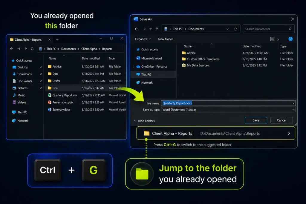An infographic guide detailing the Listary Ctrl plus G folder synchronization feature. The left side shows an active Windows Explorer window with a folder path Client Alpha Reports, labeled You already opened this folder. A green arrow points to the right side where a Microsoft Word Save As dialog window is open in a different directory. At the bottom of the dialog, a Listary smart bar suggests the open folder path, linked to keyboard key icons for Ctrl and G with instructions to jump instantly to the already opened folder.