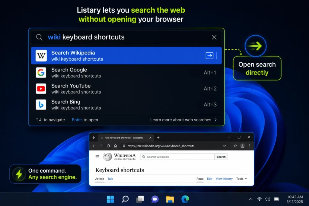 An infographic guide detailing web search features in Listary, titled Listary lets you search the web without opening your browser. The main menu overlay shows the search query wiki keyboard shortcuts with quick access options to Search Wikipedia, Search Google, Search YouTube, and Search Bing using Alt plus numbers. A green arrow points to a browser preview below, showing the query successfully opened directly on the Wikipedia page for Keyboard shortcuts.