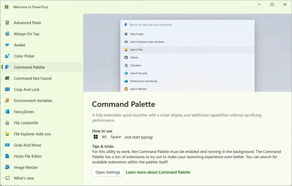 A screenshot of the Microsoft PowerToys dashboard with the Command Palette utility selected. The main panel displays an overview of the quick launcher, showing keyboard shortcut icons for Windows, Alt, and Space, alongside a preview of the launcher menu overlay options like Search apps, Search files, and Calculator.