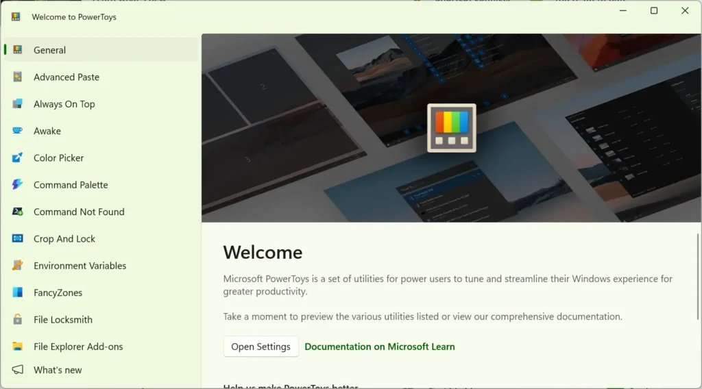 A screenshot of the Welcome to PowerToys settings dashboard interface in Windows. The left sidebar menu lists multiple system utilities such as General, Advanced Paste, Always On Top, and FancyZones, while the main right panel displays a Welcome header with introductory text and buttons for Open Settings and Documentation.