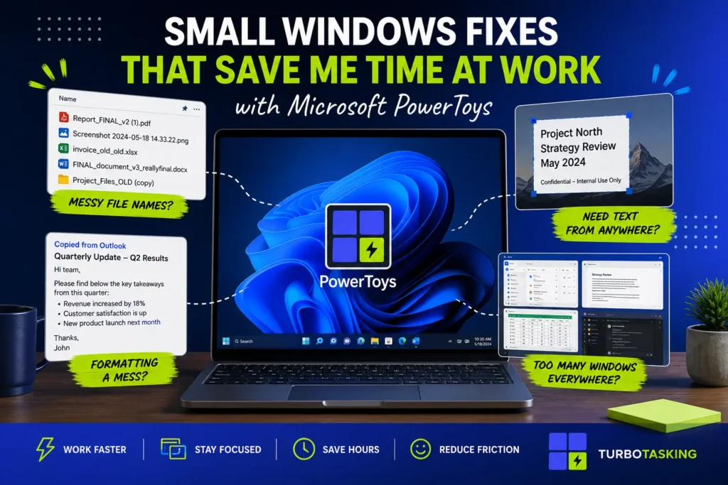 An infographic guide titled Start with 2 or 3 Tools by TurboTasking. The left side warns Don't Enable Everything, showing a cluttered PowerToys toolbox labeled as overwhelming with too many settings. A green arrow points to the right side recommending a focused start with three specific utilities: PowerRename, Paste as Plain Text, and Text Extractor, highlighted with benefit icons for saving time and focusing on what matters.