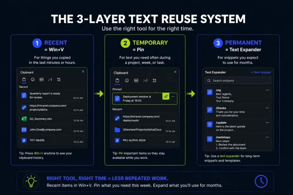 An infographic guide titled The 3-Layer Text Reuse System. The diagram breaks down productivity workflows into three blocks: 1. Recent using Win plus V for text copied in the last minutes, 2. Temporary using Pinned items in the clipboard for text needed during a project or week, and 3. Permanent using a Text Expander for snippets used for months like shortcodes for greetings, updates, and next steps.