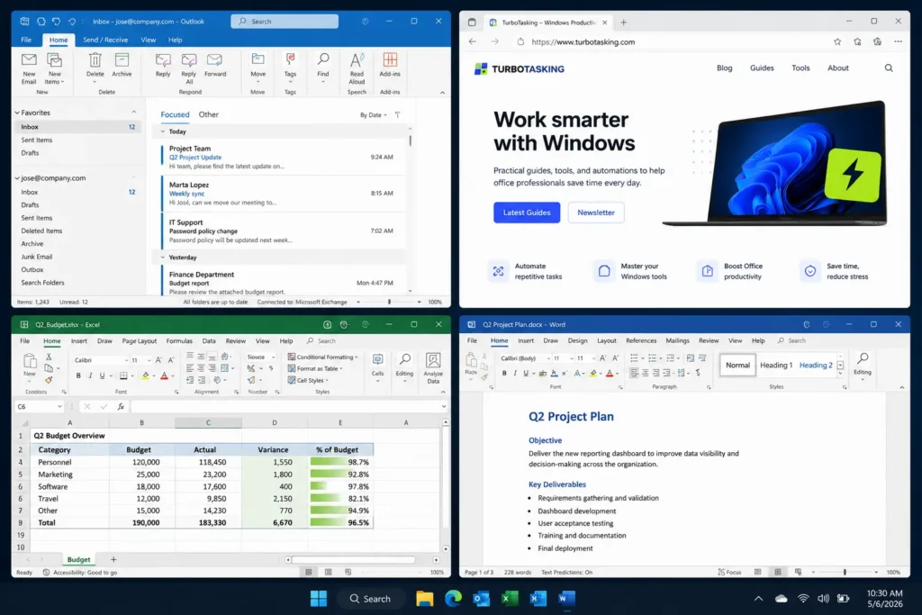 A Windows desktop screenshot demonstrating a perfect four-window grid layout. The top-left panel shows Microsoft Outlook, the top-right displays the TurboTasking blog website, the bottom-left runs an Excel Q2 Sales Dashboard with charts, and the bottom-right displays a Project Brief document in Microsoft Word.